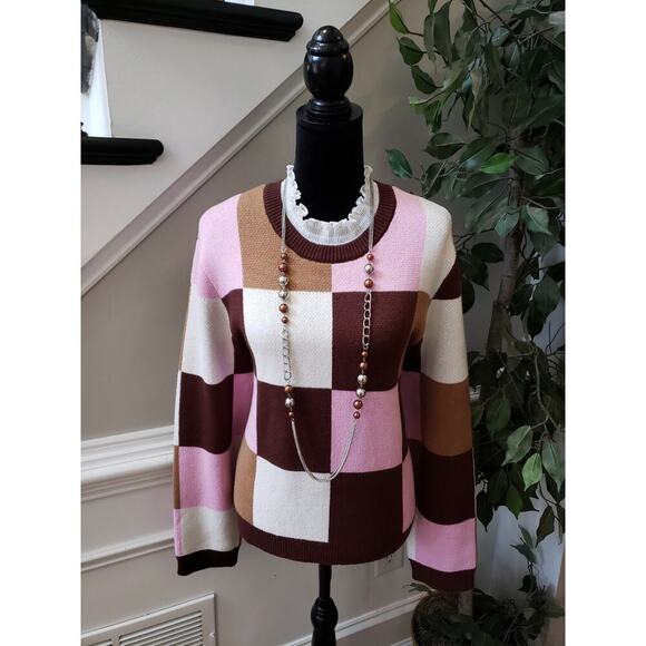Women's Anthropologie Pink/Brown Checkered Pullover Sweater XL New - Picture 2 of 12